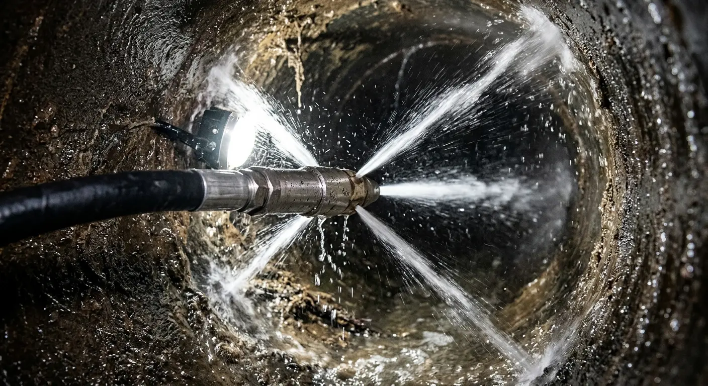 High-pressure hydro jetting nozzle cleaning sewer pipe for Trenchless Sewer Repair in Colchester