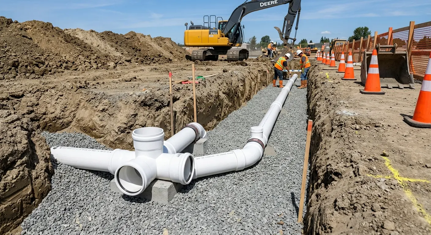 New PVC sewer pipe installation in open trench for Sewer Backup in Colchester