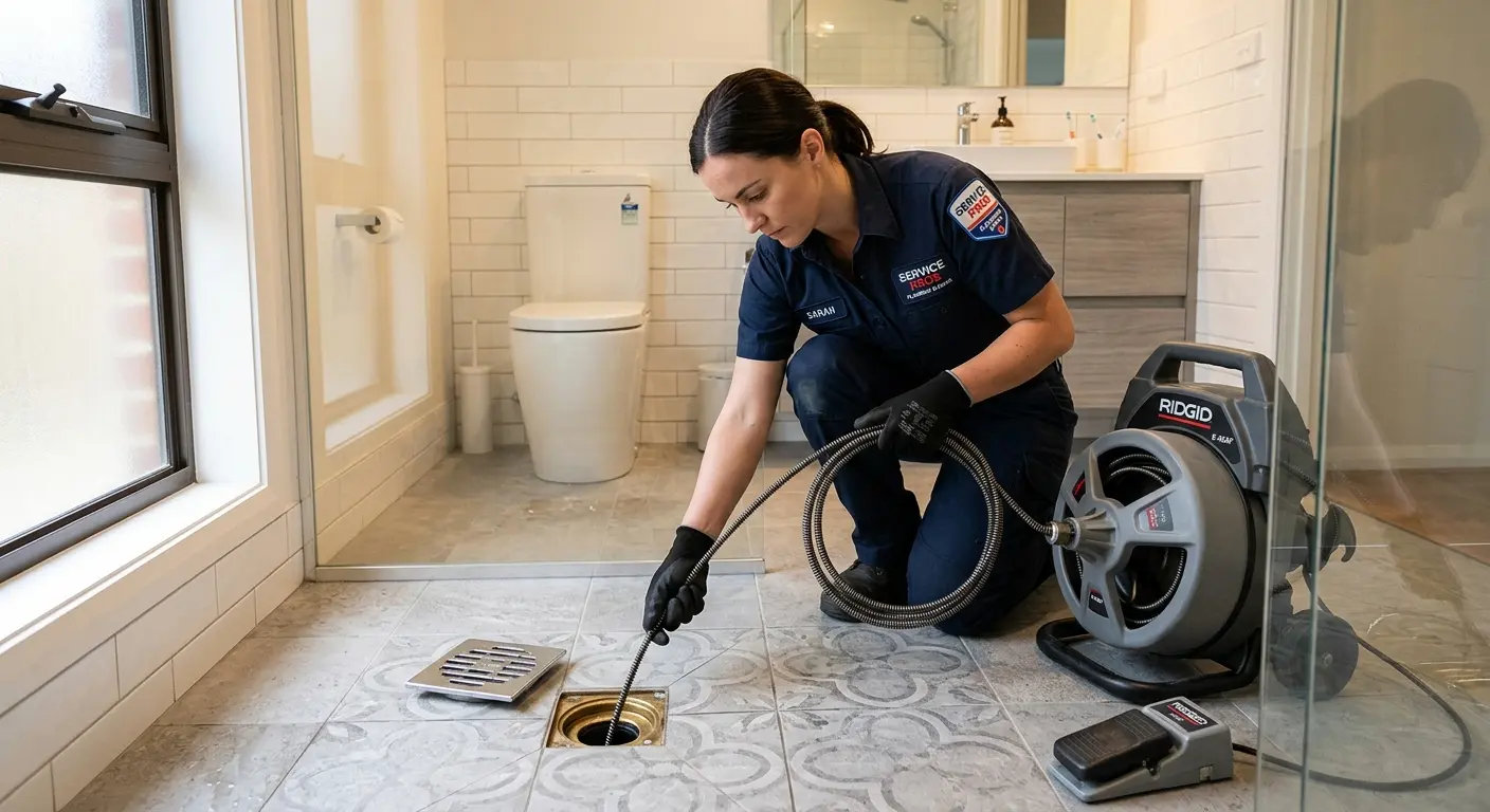 Technician clearing a bathroom floor drain for Drain Cleaning in Colchester